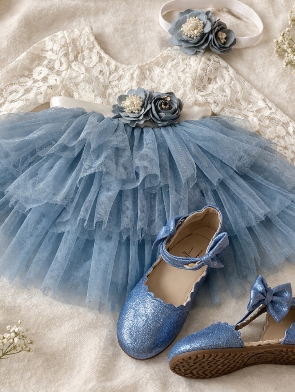 Monkey Feet Glitter Blue Ankle Strap Bow Flats Toddler Girls Dress Shoes